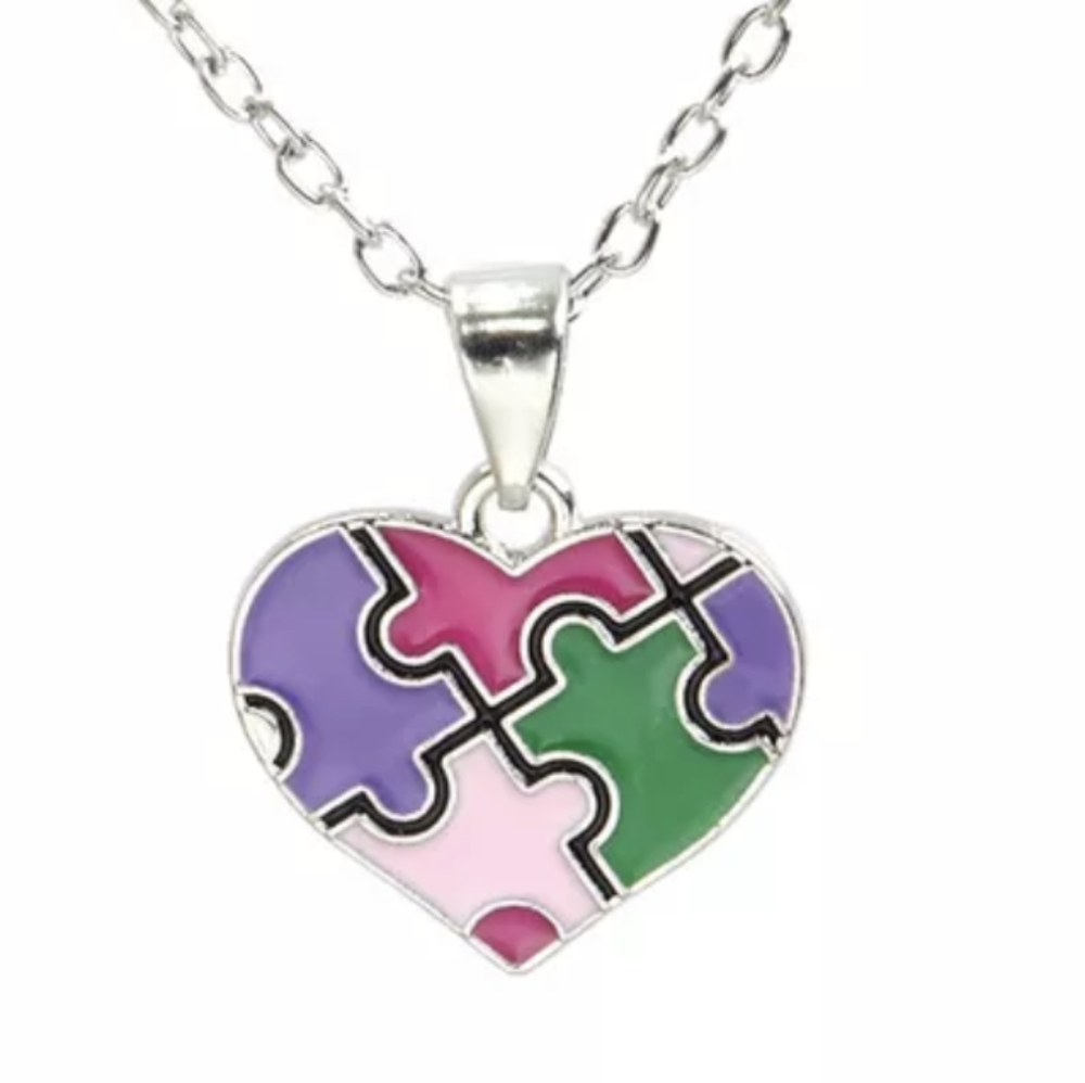 New Autism Awareness Necklace Heart Puzzle Piece Charm Silver Chain Pink